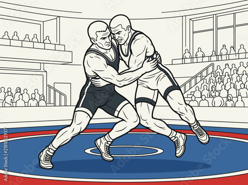 Dynamic Wrestling Match Illustration Capturing Intense Athleticism And Competition