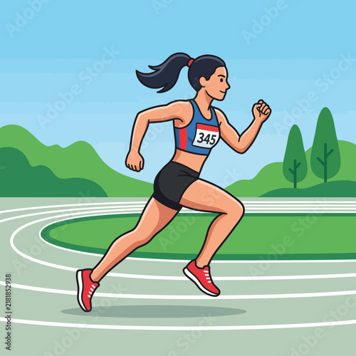 Dynamic Woman Runner On Track Capturing Competitive Spirit And Athleticism