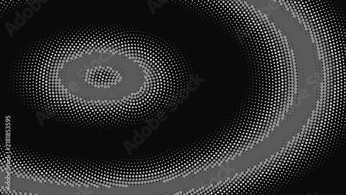 Abstract background, featuring a monochrome, pattern of concentric, circles created with, small white and, grey dots on, a dark black background