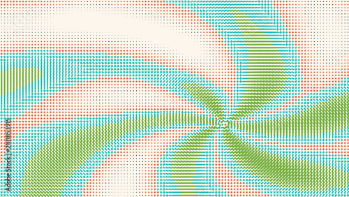 Abstract background, featuring a spiral, pattern created with, small green, blue, and orange dots, on a light, white background texture