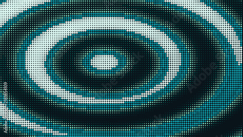 Abstract background, featuring concentric circles, made of teal, and white halftone, dots on a, dark blue surface, creating a ripple, effect pattern