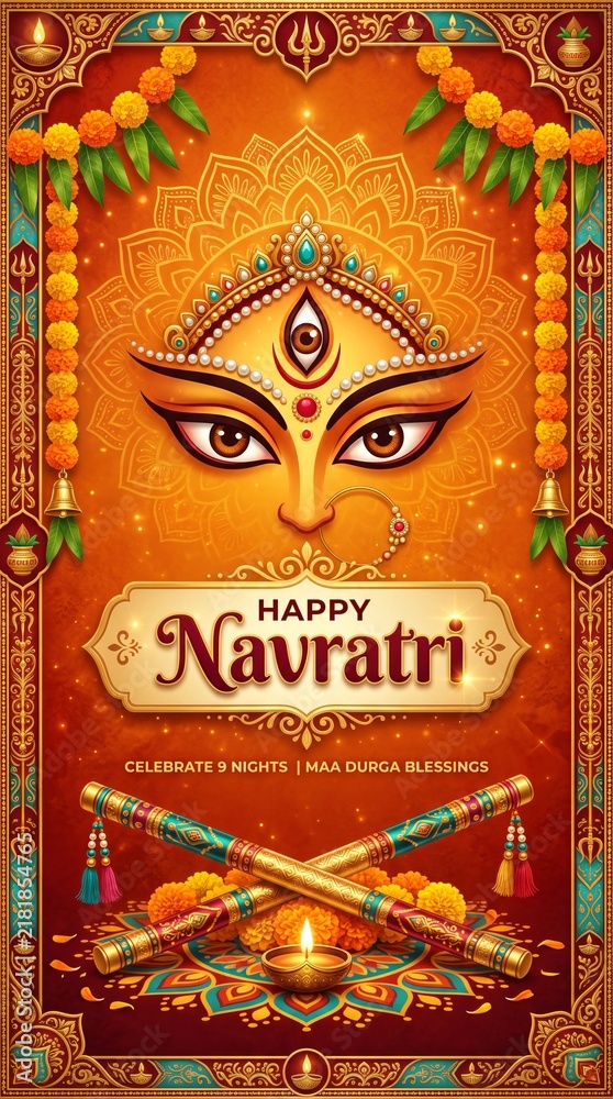 Obraz premium Happy Navratri festive greeting card with Goddess Durga eyes and traditional dandiya sticks