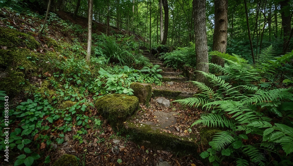 Fototapeta premium Pathway Through a Wooded Area With Ferns and Greenery on a Sunny Day