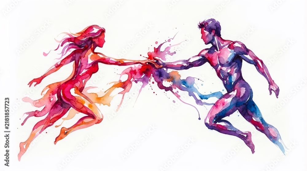 Fototapeta premium AI Generated International Friendship Day Concept with Watercolor Draw Painting of Man and Woman Reaching and Connecting