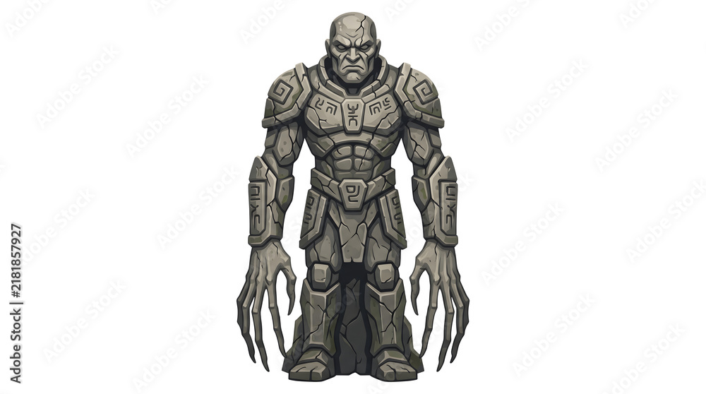 Obraz premium Ancient stone sentinel golem warrior statue with runic patterns is ideal for game character design.
