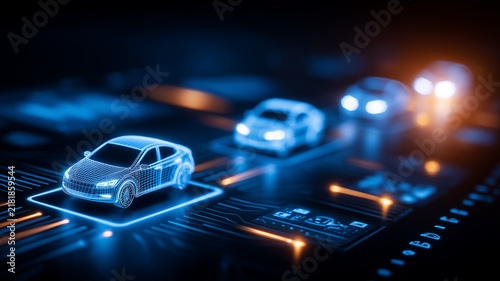 Digital cars displayed on an intelligent road interface representing connected vehicles and autonomous mobility for smart transportation systems
