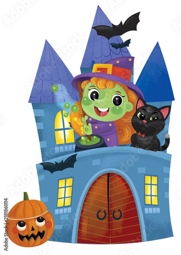 cartoon scene with halloween castle and funny scary creatures isolated illustration for children