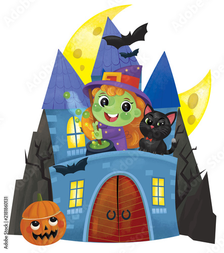 cartoon scene with halloween castle and funny scary creatures isolated illustration for children