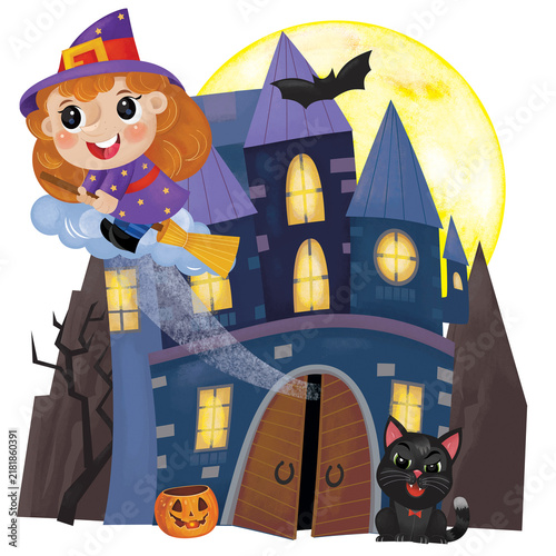 cartoon scene with halloween castle and funny scary creatures isolated illustration for children