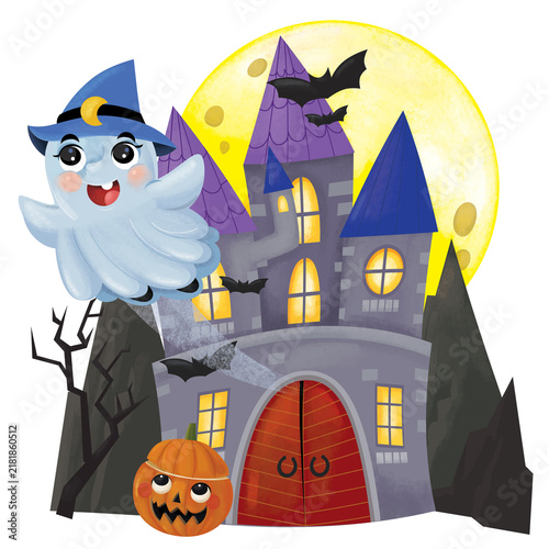 cartoon scene with halloween castle and funny scary creatures isolated illustration for children