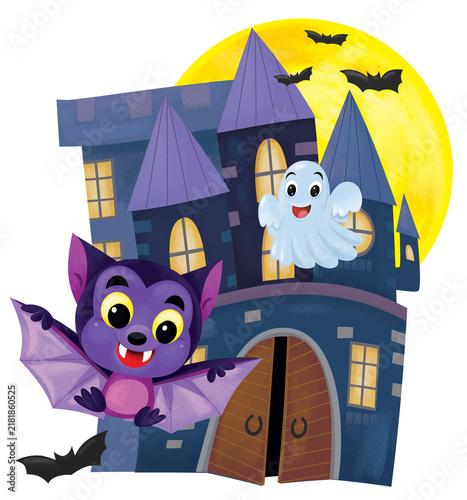 cartoon scene with halloween castle and funny scary creatures isolated illustration for children