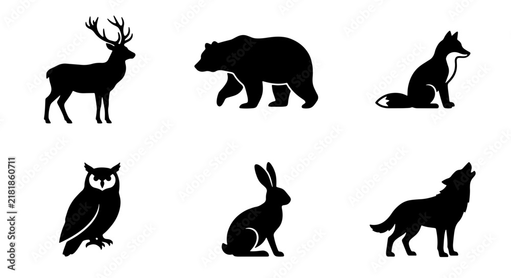 Fototapeta premium Forest Wildlife Silhouettes: Deer, Bear, Fox, Owl, Rabbit, Wolf Icons Set