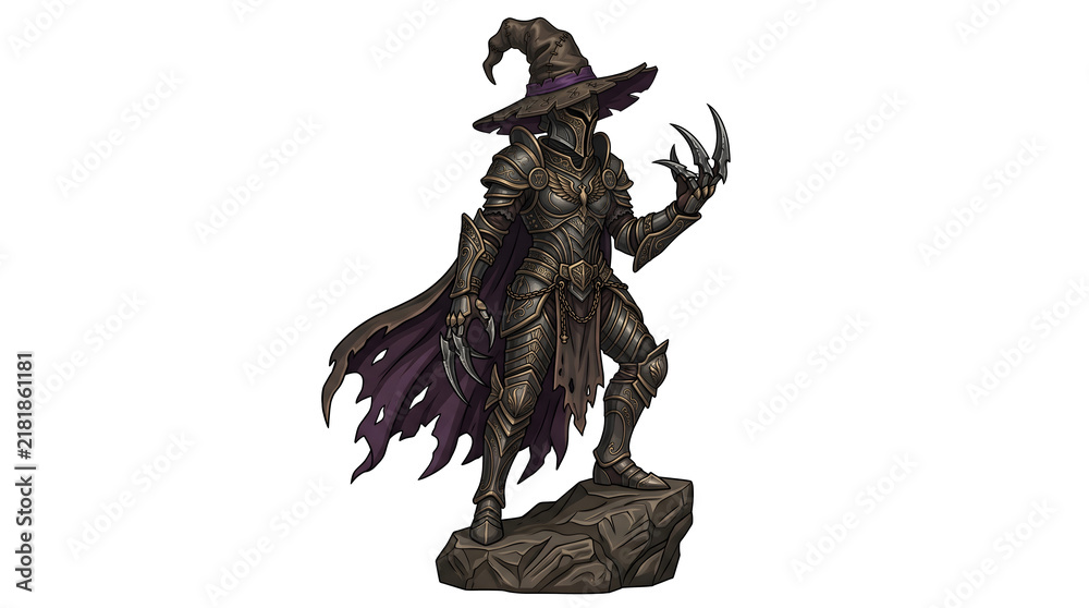 Fototapeta premium Armored witch warrior statue wearing pointed hat and sharp claws isolated for fantasy tabletop games.