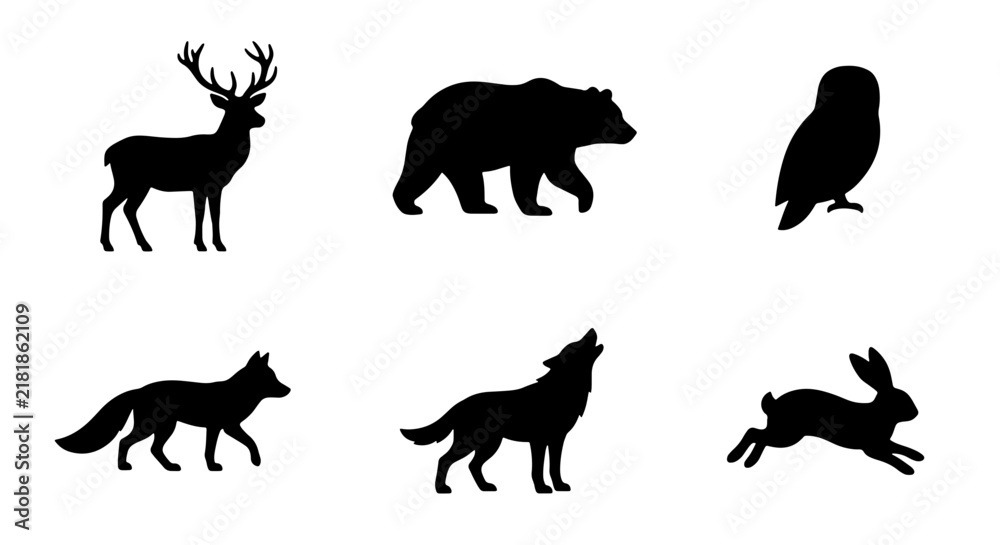Obraz premium Forest Animal Silhouettes, Wildlife Icons Set, Deer Bear Fox Wolf Owl Rabbit Vector Graphics