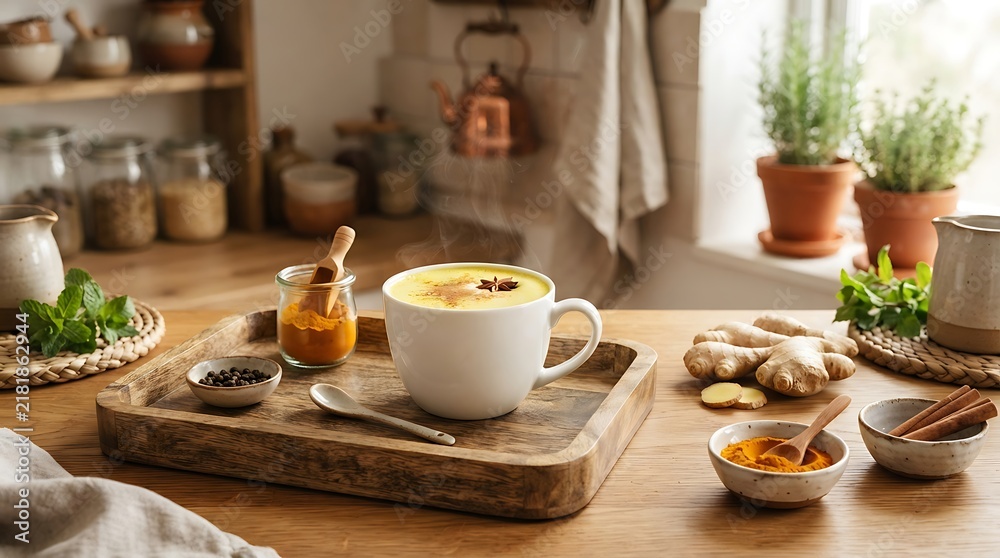 Fototapeta premium Golden milk latte in cozy kitchen setting with spices and herbs
