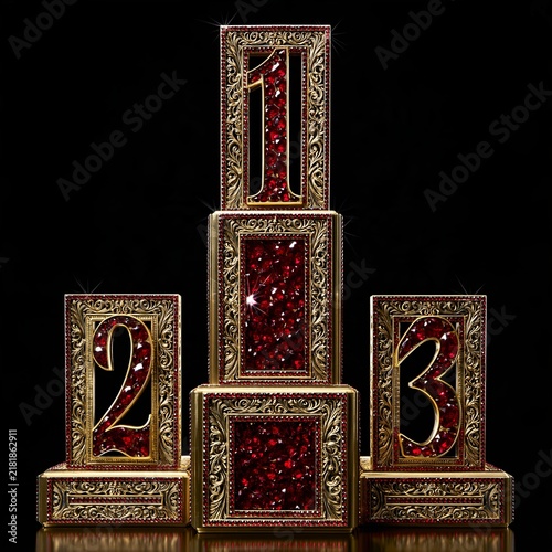 Ornate golden winner podium with ruby numbers one, two, and three on a black background
