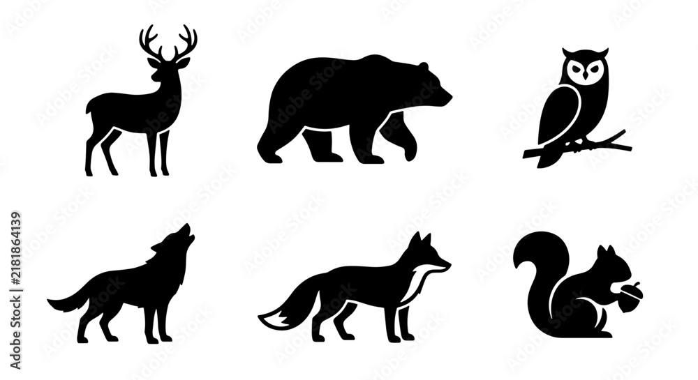 Obraz premium Forest Animals Silhouettes: Deer, Bear, Owl, Wolf, Fox, Squirrel Icons for Nature Graphics