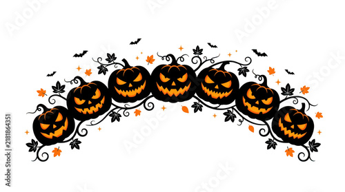 Halloween arch border with spooky carved jackolantern pumpkins and bats isolated on transparent background