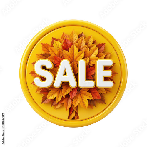 Autumn sale badge with white 3d letters on a background of colorful fall maple leaves isolated on transparent background
