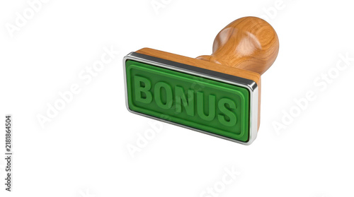 3d render of a wooden stamp with a green rubber base displaying the word bonus isolated on transparent background