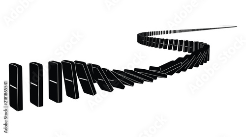 Black dominoes falling in a winding line a silhouette illustration