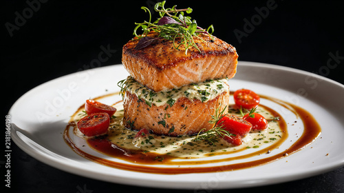 Fine dining seared salmon tower, herb cream, cherry tomatoes, glossy sauce swirl, white plate, dark background, dramatic side light