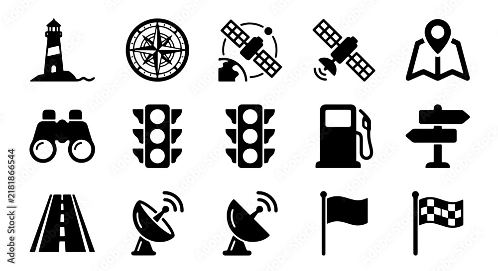 Obraz premium Navigation Icons Set: Lighthouse, Compass, Satellite, Map, Traffic Lights, Gas Station, Road, Flag