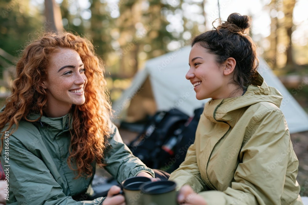 Fototapeta premium Two friends at a campsite exchanging smiles and hot drinks in morning light for outdoor background and lifestyle banner design