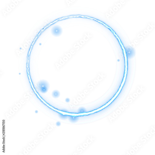 Glowing blue energy ring with floating particles and light streaks isolated on a transparent background