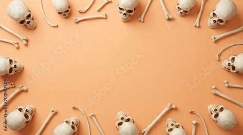 Scattered human skulls and skeletal remains on pastel orange background.