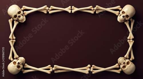 Classic skull and crossbones frame layout on dark brown background.