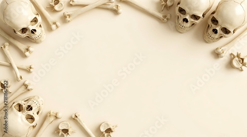 Artistic arrangement of skulls and bones on off white background.