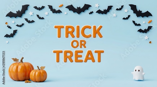 Trick or treat text with pumpkins bats and ghost on blue background for cute halloween celebration card.