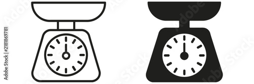 Kitchen scale icons, outline and flat vector designs with editable strokes for food measurement, ingredient weighing, cooking, baking, and kitchen tools.
