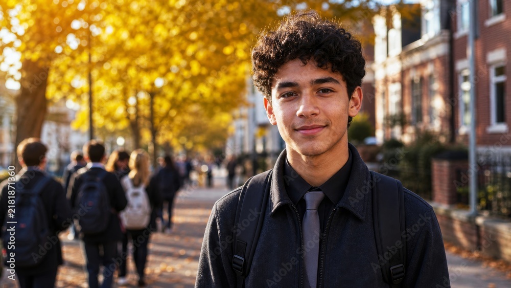 Obraz premium Young male college student portrait on autumn campus