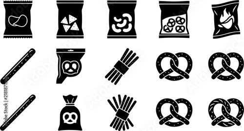 Chips Bag & Pretzel Stick Silhouette Icon Set. Collection of food & culinary silhouettes, including chips bag & pretzel stick, detailed fast food and snack shapes, and more.