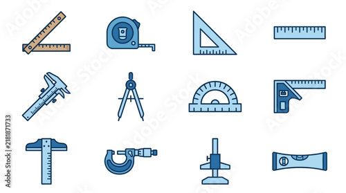Modern Minimalist Illustrations of Blue and Wooden Drafting Measuring Tools Set with high quality professional line art symbols for modern creative design and digital branding projects