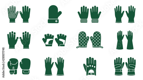 Professional Icons of Green Winter and Sports Gloves Collection for Design Projects and Illustrations