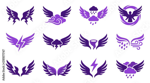 Professional Set of 12 Vibrant Purple Mythical Winged Symbols with Lightning Clouds and Angelic Elements for Branding Logos or Digital Art