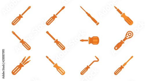 Clean Orange Flat Design Icons Set of Various Types of Screwdrivers and Hand Tools with high quality professional line art symbols for modern creative design and digital branding projects