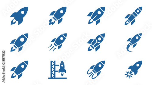 Corporate Icons Set of Blue Rockets Symbolizing Launch Innovation and Success for Business Presentations
