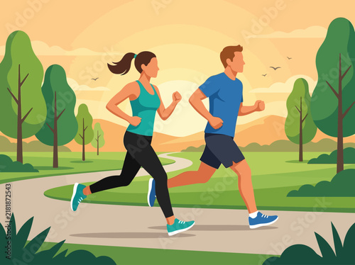 Active Couple Jogging In A Picturesque Park At Sunrise