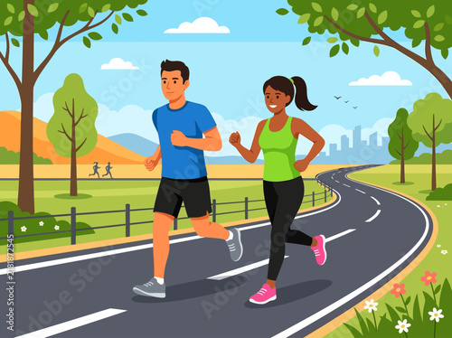 Active Couple Jogging Together In A Scenic Park