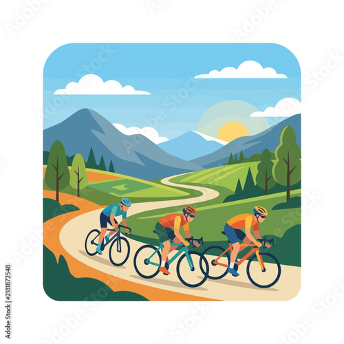Active Cyclists Enjoying Scenic Mountain Road Ride Lifestyle