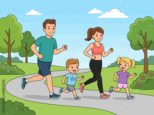Active Family Jogging Together Outdoors In A Scenic Park For Healthy Lifestyle