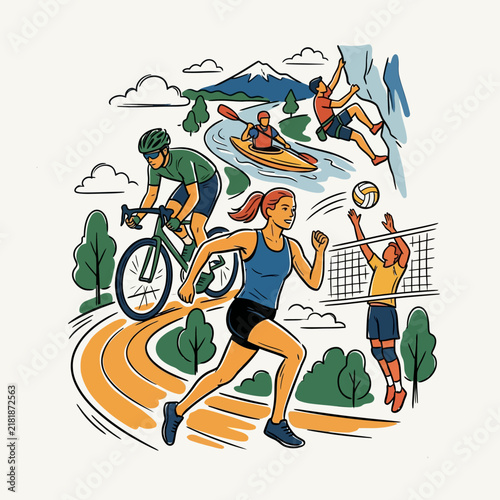 Active Lifestyle And Outdoor Sports Collage Illustration