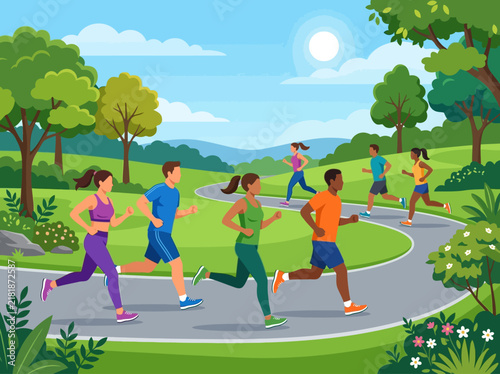 Active Diverse Group Enjoying Outdoor Fitness Run Through Lush Green Park Scenic Landscape