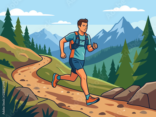 Active Man Trail Running Through Majestic Mountain Landscape