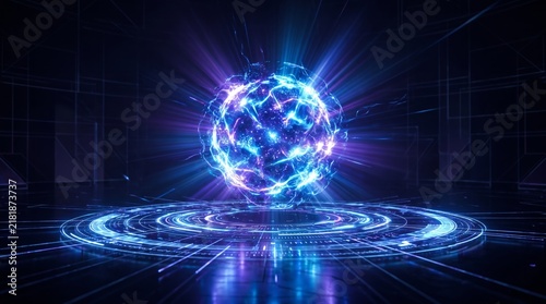 A vibrant blue energy sphere emits glowing light in a futuristic setting. Concept of technology, innovation, and science fiction. Perfect for digital and creative projects. Generative AI.