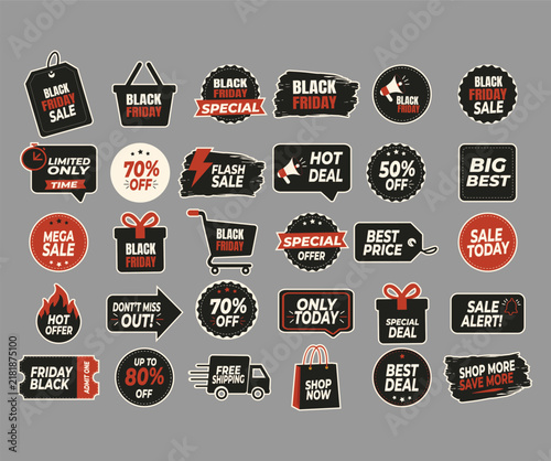 Vintage Black Friday sale badges, stickers and labels with discounts, special offers, shopping deals and promotional typography.
